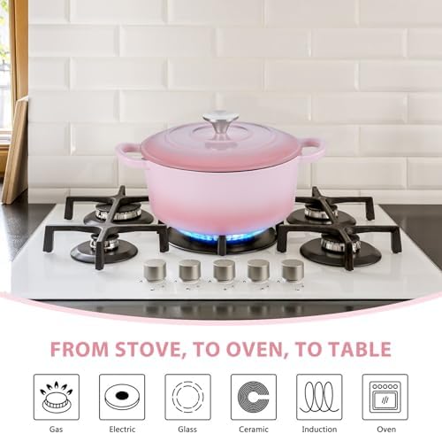 E-far 3 Qt Enameled Cast Iron Dutch Oven with Lid, Small Round Nonstick Dutch Oven Pot for Bread Baking Braising Stews Roasting Cooking, Heavy Duty, Induction & Oven Safe - Pink - Image 5