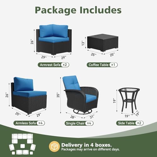 Aoxun 13 Piece Outdoor Patio Furniture Set with Coffee Table, Wicker Rattan Outdoor Furniture with High Back Swivel Rocker Chairs, Outdoor Conversation Set with Thick Cushion, Peacock Blue - Image 2