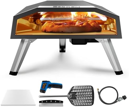 Outdoor Propane Gas Pizza Oven – 12" Camping Pizza Oven with Gas Regulator Cooks Pizza In 80-second, Propane Grill Reaches 930°F, with Pizza Stone/Peel/Cutter/Infrared Thermometer (12 Inches) by ECOWELL