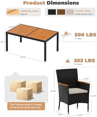 Flamaker Patio Dining Set for 6 Outdoor Acacia Wood Table and Chairs, Black - Image 6
