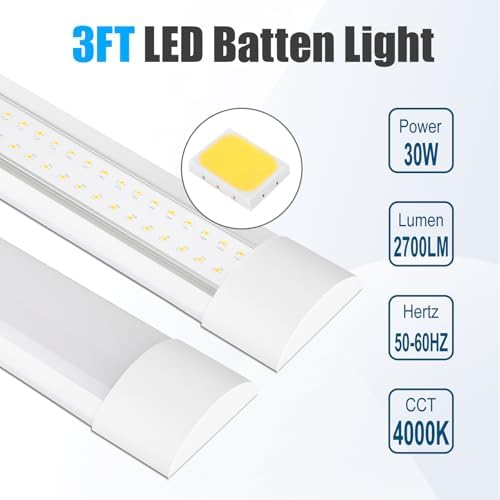 2 Packs 3FT LED Batten Light with 50cm Cable, Ultra-Thin Slim Ceiling Surface Mounted Light, 30W, 4000K, IP20, LED Ceiling Lamp for Garage, Shop, Hallway, Office, Market - Image 2