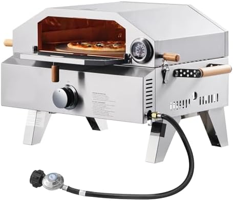 Outdoor Pizza Oven, 13 inch Gas Powered Pizza Maker with Thickened Cordierite Stone & Built-in Thermometer, 2-in-1 Portable Outside Gas Grill & Oven for Backyard & Camping, Stainless Steel by Qinazoe