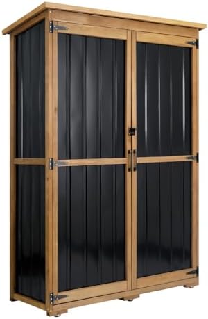 Ketive Outdoor Storage Cabinet, Wood & Metal Storage Shed with Weather-Resistant Roof, Double Lockable Doors, Removable Shelves & Adjustable Feet, for Patio, Backyard, Poolside, 46" x 18" x 68" by Ketive