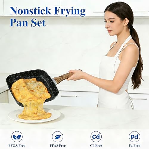 Simple Deluxe 3 Pieces Nonstick Grill Pan Set, Square Versatile Griddle Pans with Wooden Handle, Durable Skillet Indoor & Outdoor Use, All Stovetops Compatible(9.5", 10.2", 11"), PFOA Free, Black - Image 3