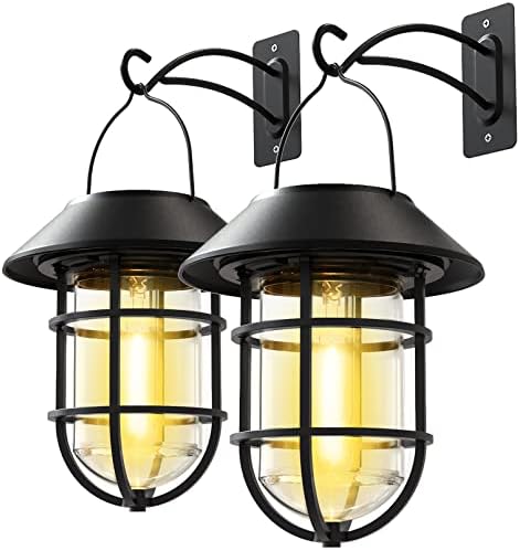Solar Lantern Hanging Solar Lights Outdoor, Waterproof Metal Wall Lantern with Hooks, Outdoor Wall Lights for Porch, Patio Yard Garden Decor, No Wiring Required, 2 Pack by ICERONALLC