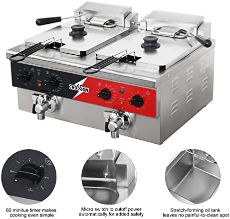 CROSSON 12L Dual Tank Countertop Electric Deep Fryer with Drain,Solid Basket and Lid for Restaurant and Home Use 120V,3600W Stainless Steel Commercial Deep Fryer (EF-6V-2) - Image 4