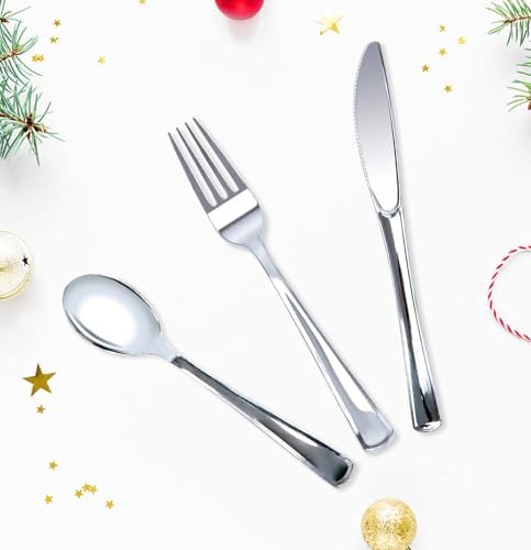 HEIPINIUYE 75 Pack Silver Plastic Cutlery Heavy Duty Silver Plastic Knives Forks and Spoons Disposable Silverware Set for 25 Guest Camping Birthday Baby Shower Wedding Party Utensils Set - Image 4