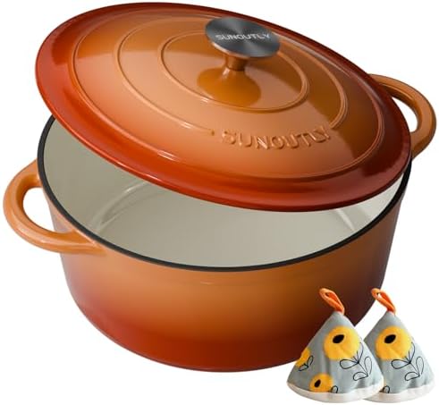 Enameled Cast Iron Dutch Oven, 6QT Pot with Lid, Vibrant Orange by SUNOUTLY