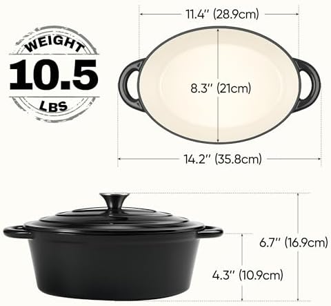Oval Dutch Oven for Bread Baking, 4.5 Quart Non Stick Enameled Cast Iron Dutch Oven Pot with Lid, Oven Safe Oval Casserole with Lid up to 500°F for Baking, Braising, Stews, Roasting (Black) - Image 3
