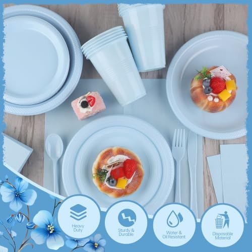 Kochorie 480 Pieces Light Blue Plastic Dinnerware Set Disposable Heavy Duty Plates Napkins Cups Silverware Dessert Dinner Plates for Birthday Wedding Baby Shower Party Supplies, Serves 60 Guests - Image 3
