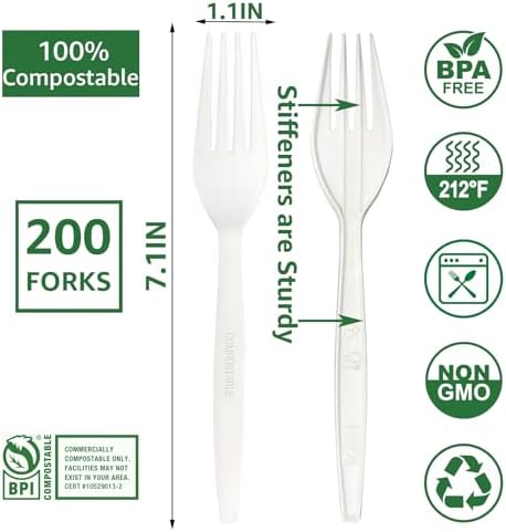 MISISIPI [7.1In 200Pcs] 100% Compostable Forks Biodegradable Forks HeavyDuty No Plastic Forks Eco-friendly HeavyWeight Disposable Forks Tableware Set for Lounge,Party,BBQ,Cafeteria,Wedding,Picnic - Image 3