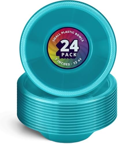 DecorRack 24 Turquoise Plastic Bowls, 7 in Disposable 12 oz Bowl by DecorRack