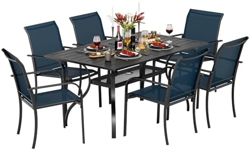 Incbruce 7 Pieces Patio Dining Set, Outdoor Dining Set of 6 Textilene Chairs and Rectangle Table with Umbrella Hole for Backyard, Garden, and Poolside (Blue) by Incbruce
