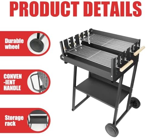 Portable Charcoal Grill, Skewer Charcoal Grill with wheels for Outdoor Cooking Camping Garden - Image 3