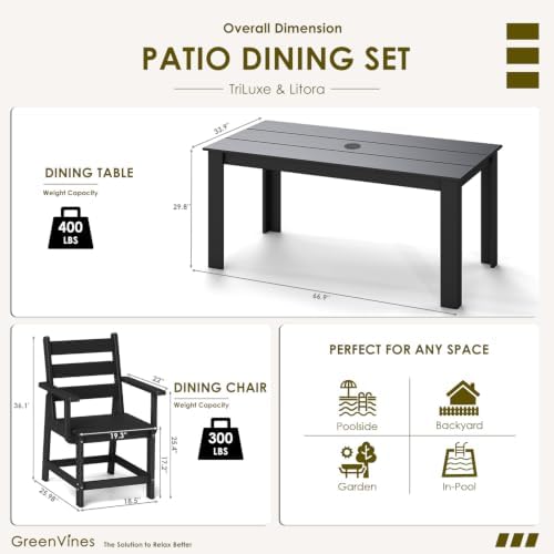 GREENVINES 7-piece Outdoor Dining Set, HDPE Table & 6 Armchairs, Black - Image 2