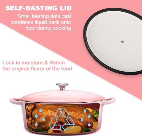 E-far 5QT Oval Dutch Oven Pot with Lid, Pink Enameled Cast Iron Dutch Oven - Image 6