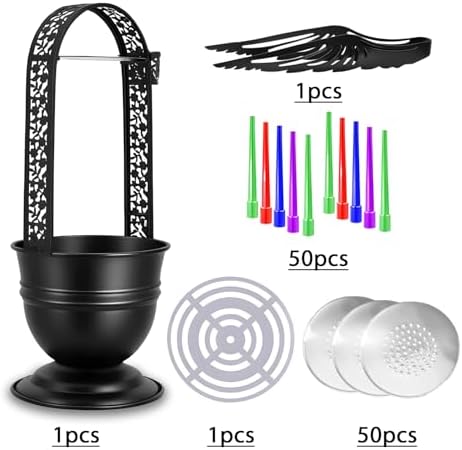 Portable Hookah Charcoal Basket with Coal Tongs,50 pre-Cut foil Sheets, 50 hygienic mouthpieces - Metal Storage Container & Holder for Shisha Accessories (Black Basket 13.7") - Image 2