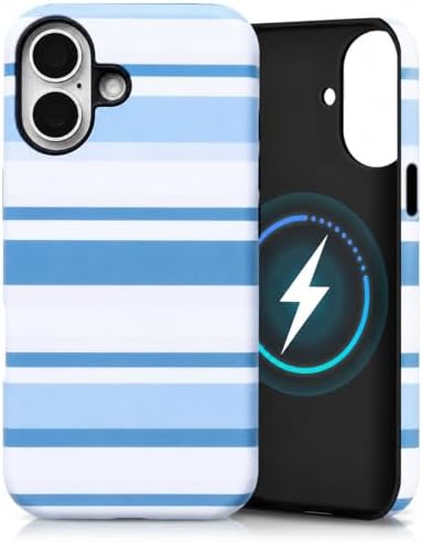 for iPhone 17 Case, Magnetic Matte Frosted Dual-Layer Striped Phone Case for Women, Retro Aesthetic Cover Compatible with Mag Safe Accessories - Coastal Blue by YKCZL