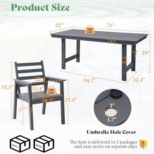 AMERLIFE 7-Piece HDPE Patio Dining Set with 71" Table and Chairs, Grey - Image 2