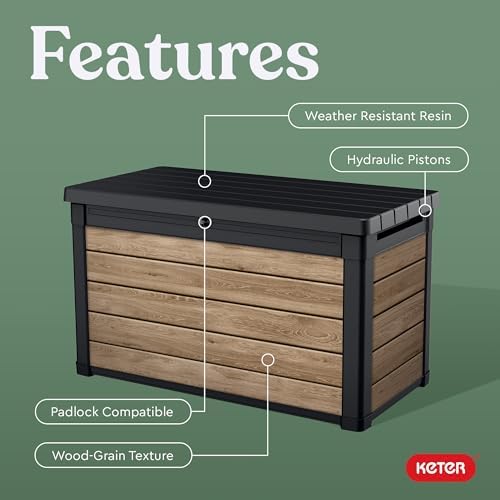 Keter Signature Collection 100 Gallon Resin Deck Box Organization Box and Storage for Patio Outdoor Cushions, Throw Pillows, Garden Tools and Pool Supplies, Ashwood - Image 4