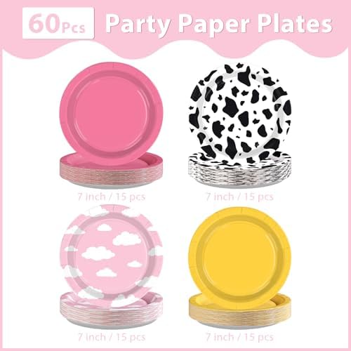 60Pcs Toy Paper Plates 7" Pink Yellow Cow Cloud Heavy Duty Paper Plates - Image 3