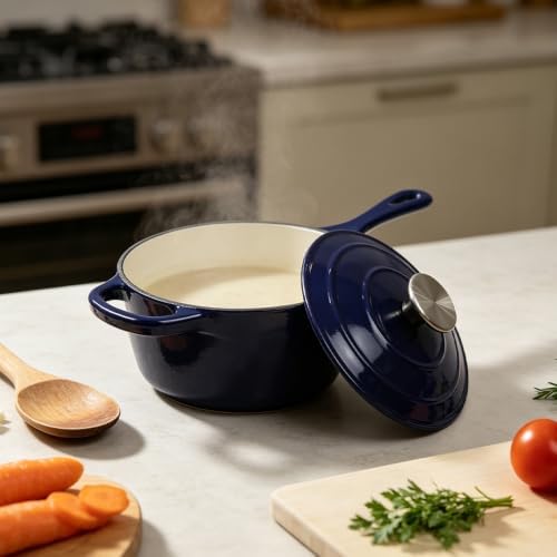 1.75 QT Enameled Cast Iron Saucepan, Blue - Image 3