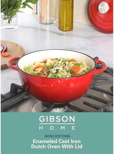 Gibson Home Addlestone 2.65 Quart Round Enamel Cast Iron Dutch Oven Pot With Lid & Dual Handles - Gradient Red - Image 2
