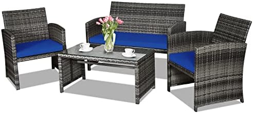 Goplus 4-Piece Rattan Patio Furniture Set, Outdoor Wicker Conversation Sofa with Weather Resistant Cushions and Tempered Glass Tabletop for Lawn Backyard Pool Garden (Blue) by Goplus
