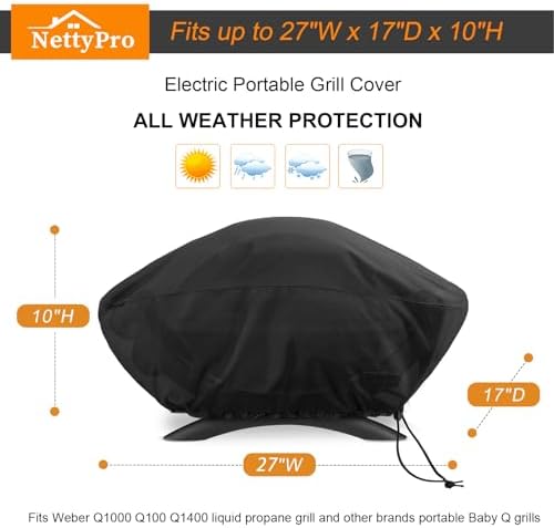 NettyPro Grill Cover for Small Q Series, Waterproof Heavy Duty UV Resistant Portable Grill Cover for Q 1400/1000 Series and Baby Q Gas, Black - Image 6