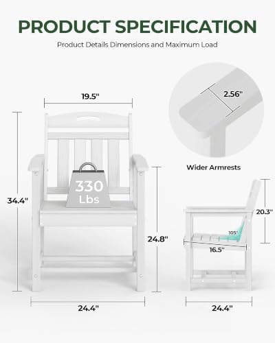 HDPE Outdoor Patio Dining Chairs with Wide Seat of 2, Oversized, White - Image 3