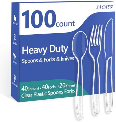 SACATR 100 Count Clear Plastic Silverware Heavy Duty -Forks, Spoons,Knives by SACATR