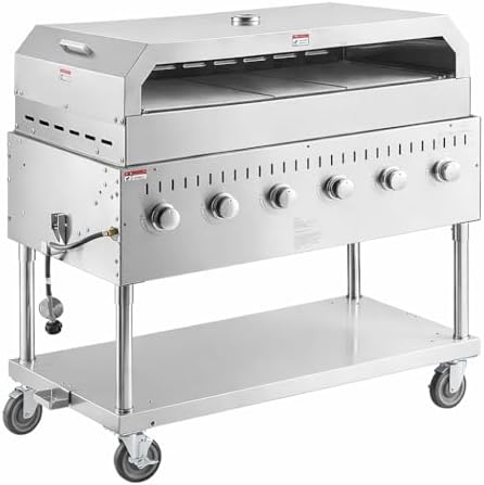 Commercial Stainless Steel Outdoor Liquid Propane Grill with Pizza Oven Attachment, 48" Cooking Surface, 6 Burners, 96,000 BTU, for Restaurant Patio, Resort, Catering, Outdoor Kitchen, Hotel by Krollen+Industrial
