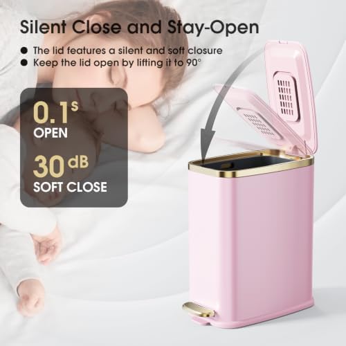 CEROELDA Small Bathroom Trash Can with Lid-5L/1.3 Gal-Soft Close Lid-Pink - Image 4