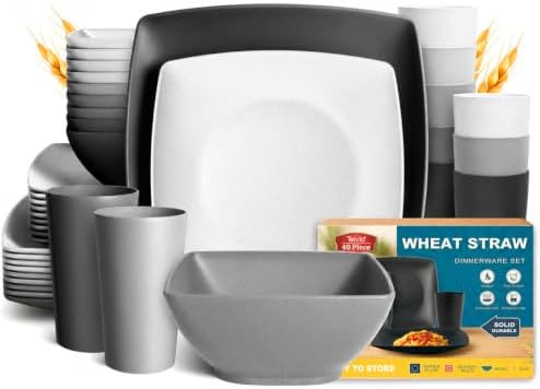Teivio 40-piece Kitchen Wheat Straw Square Dinnerware Set,Service for 10, Unbreakable Dinner Plates, Salad Plates, Snack Bowls, Cups 13.5 oz, Dishwasher Safe, Plastic Outdoor RV Dishes,Gray Ombre by Teivio