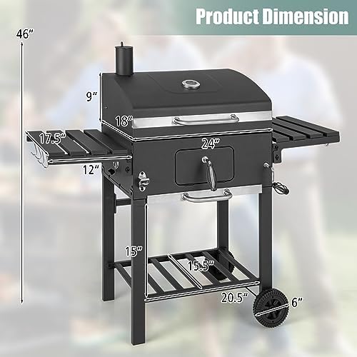 Giantex Charcoal Grill 24 inch, BBQ Grill with 2 Foldable Side Table, Adjustable Charcoal Tray, Pull-out Ash Tray, Heavy Duty Barbecue Grill with Wheels for Outdoor Cooking Camping Backyard Party - Image 3