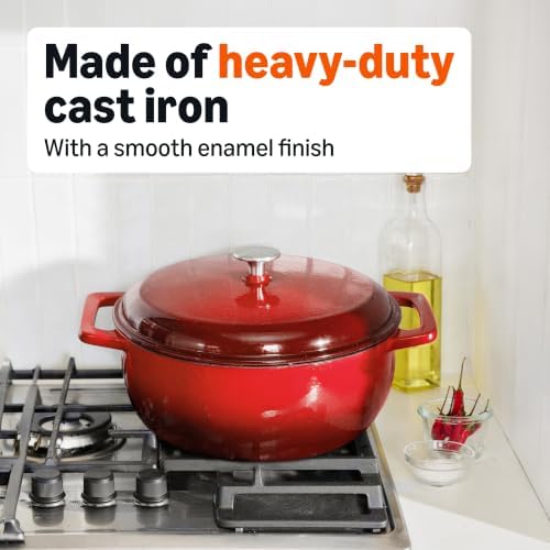 Amazon Basics Enameled Cast Iron Dutch Oven Pot With Lid, 7.3-Quart, Round, Dual Handles, Heavy-Duty, Oven Safe for Stews, Roasting & Baking, Red - Image 4
