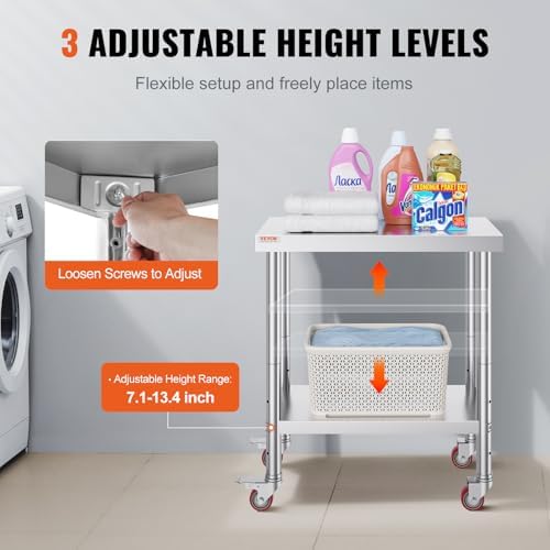 Mophorn 30x18x34 Inch Stainless Steel Work Table 3-Stage Adjustable Shelf with 4 Wheels Heavy Duty Commercial Food Prep Worktable with Brake for Kitchen Prep Work - Image 6