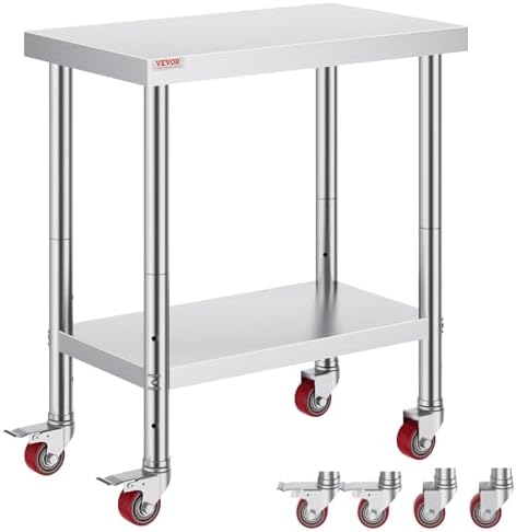 Mophorn 30x18x34 Inch Stainless Steel Work Table 3-Stage Adjustable Shelf with 4 Wheels Heavy Duty Commercial Food Prep Worktable with Brake for Kitchen Prep Work by VEVOR