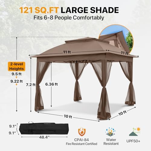 COOS BAY 11x11 Pop Up Gazebo with Netting, Canopy Tent, Brown - Image 3