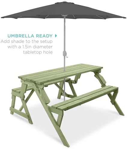 Best Choice Products 2-in-1 Transforming Interchangeable Outdoor Wooden Picnic Table Garden Bench for Backyard, Porch, Patio, Deck w/Umbrella Hole - Sage Green - Image 5