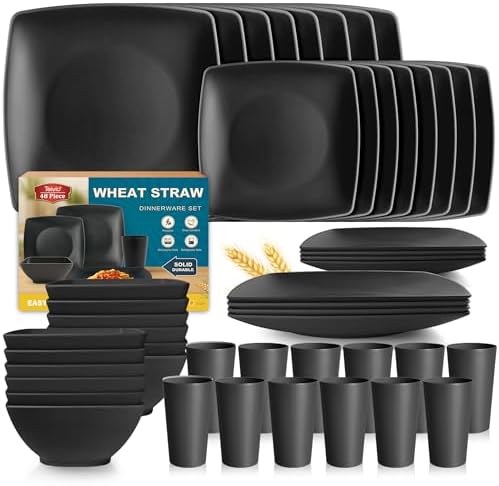 Teivio 48-piece Black Plates and Bowls Sets, Square Kitchen Dish Set for 12 by Teivio