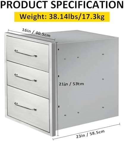 Outdoor Kitchen Drawers 16" W x 21" H x 23" D Flush Mount Triple BBQ Drawers with Chrome Handle Stainless Steel Drawer for Outdoor Kitchen Island, Patio Grill Station - Image 2