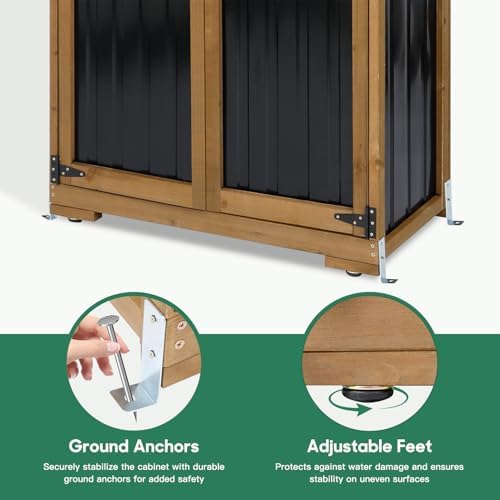Ketive Outdoor Storage Cabinet, Wood & Metal Storage Shed with Weather-Resistant Roof, Adjustable Shelf, Lockable Doors & Adjustable Feet, for Garden, Patio, Backyard, 27.5" x 13" x 67" - Image 6