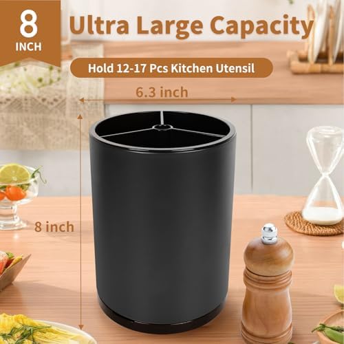 Nigelia Extra Large Kitchen Utensil Holder, 360° Rotating Stainless Steel Cooking Utensil Holder for Countertop, 3 Compartment Flatware Organizer & Cooking Caddy with Removable Base（Black） - Image 2