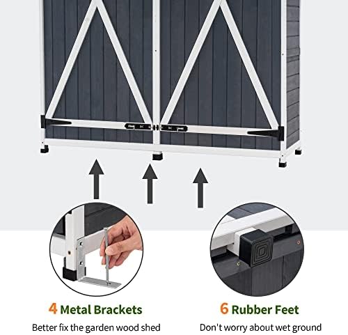 MCombo Outdoor Storage Cabinet with Shelves, Wood Garden Shed with Floor, Outside Tool Shed with 2 Lockable Doors for Backyard Patio Lawn, 1400 (Gray) - Image 7