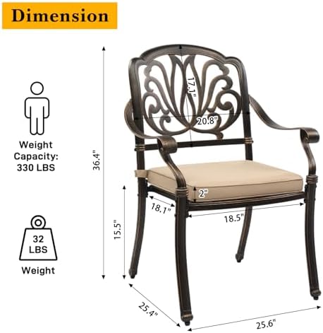 VINGLI 5-Piece Outdoor Patio Dining Set, Cast Aluminum All-Weather Outdoor Table and Chairs w/Cushion, Outdoor Furniture Set w/Umbrella Hole for Backyard Deck Poolside (Square, Elizabeth Back) - Image 7