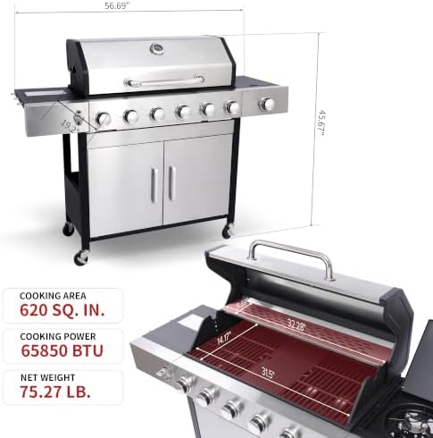 6-Burner Propane Gas Grill with Side Burner, 620 Sq. In. - Image 2