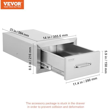 VEVOR Outdoor Kitchen Drawers 14"W x 8.5"H x 23"D Stainless Steel - Image 3