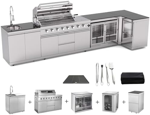 153 Inch Outdoor Kitchen Island, 96000 BTU Propane Gas Grill Combination With Refrigerator and Sink, Drawer Cabinet, Outdoor Stainless Steel Barbecue Bar, BBQ Grill for Patios, Gardens, Parties by Qeeka