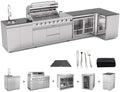 153 Inch Outdoor Kitchen Island, 96000 BTU Propane Gas Grill Combination With Refrigerator and Sink, Drawer Cabinet, Outdoor Stainless Steel Barbecue Bar, BBQ Grill for Patios, Gardens, Parties by Qeeka
